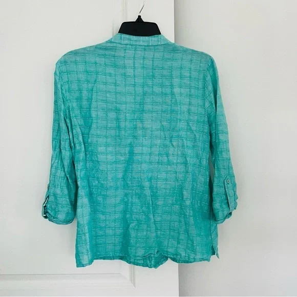 Kim Rogers Linen/Cotton 3/4 Sleeve Button Down Shirt Turquoise - Picture 10 of 14